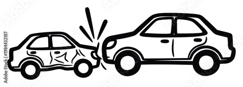 Dynamic line drawing depicting a rearend car accident between two vehicles, ideal for illustrating road safety concepts, insurance scenarios, or traffic incident reports.