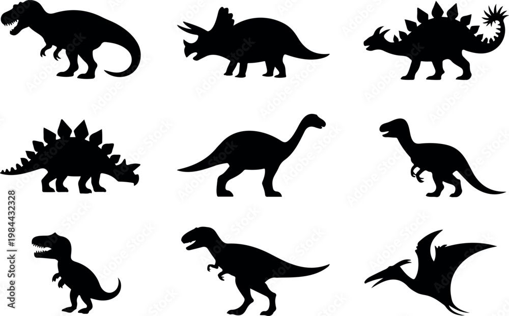 Obraz premium Collection of dinosaur silhouettes featuring various species in playful arrangement, educational prehistoric animal set in simple vector illustration style