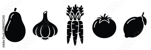 Variety of fresh produce silhouettes including avocado garlic carrots tomato and lemon perfect for food preparation concepts healthy eating applications and grocery store promotions