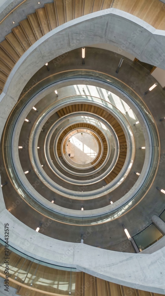 Fototapeta premium Top view of multi level spiral staircase with wooden steps and concrete walls. Design creates a mesmerizing geometric pattern and sense of depth. Ideal for architectural and design themes.