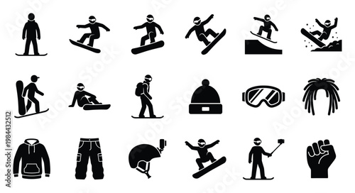 Comprehensive collection of modern snowboarding pictogram symbols showcasing snowboarders in dynamic poses, essential winter sports apparel, and extreme activity gear for engaging digital