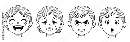 Collection of expressive childrens faces depicting a range of feelings such as joy, sorrow, frustration, and amazement, ideal for learning emotion identification and social skills.