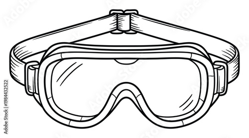 Outline drawing of a pair of ski goggles with a wide adjustable strap for winter sports safety equipment or eye protection for various industrial and recreational activities