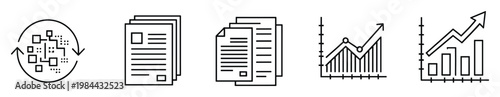 Business management and data analytics icons including financial graphs document stacks and digital network synchronization for corporate growth planning and strategic insights