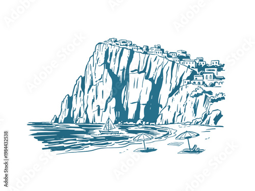 Cliff with mountain coastline artwork. Coastal village design. Summer beach vibes. Mediterranean landscape artwork for t shirt. Tropical sea design.