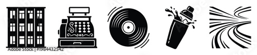 Iconic black silhouettes depicting urban architecture, a vintage cash register, a spinning vinyl record, a splashing cocktail shaker, and dynamic motion lines, suitable for modern graphic