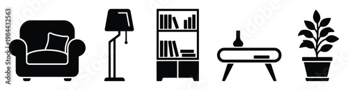 Collection of essential household furniture and interior decor items including a comfortable armchair, sleek floor lamp, organized bookshelf, modern side table with vase, and a lush potted