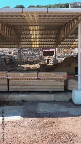 Metropolis Ancient City Drone Vertical Footage Izmir Turkey Archaeological Site (High-quality vertical drone footage of Metropolis Ancient City in Izmir, Turkey. Featuring stunning aerial perspectives