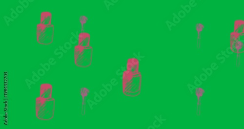 Digital animation of multiple makeup brush and nail paint icons floating against black background