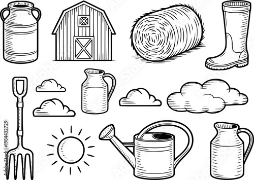 Collection of farm and garden including milk cans, barn, hay bale, boots, and watering can