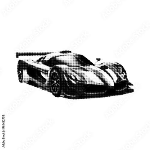 Obraz na plátně Black and white halftone illustration of a high-performance sports car with a sleek aerodynamic design, low profile, and racing features, emphasizing speed and power