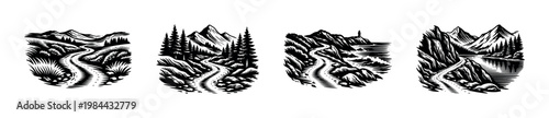 Black and white mountainous landscape illustration, nature scene, vector silhouette elements