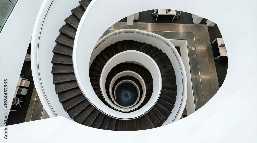 Naklejka premium Top down view of a dark wood spiral staircase with white railings in a modern building. The geometric pattern creates a sense of depth and elegance. Ideal for interior design or business concepts.