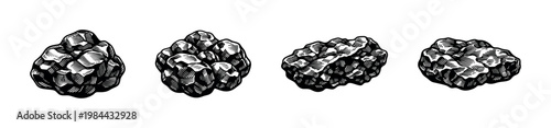 Black and white hand-drawn vector illustrations of rocks and minerals silhouette
