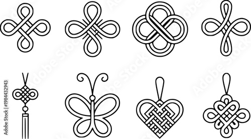 Collection of intricate black and white chinese knot symbols and decorative pattern