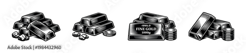 Gold bars and coins vintage illustration, four variations, black and white vector elements