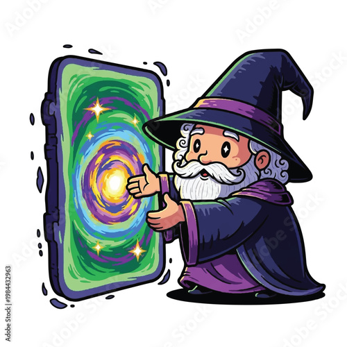 Cartoon wizard with magic spell book.