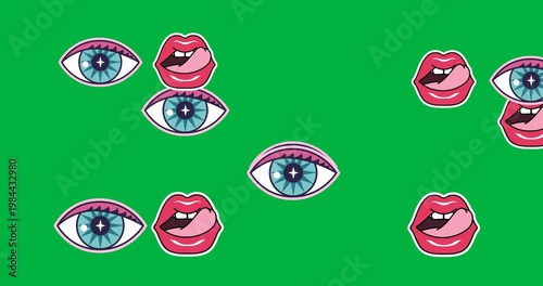 Digital animation of multiple eye and pink lips icons floating against black background