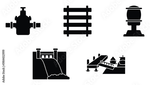 Versatile set of infrastructure system symbols covering water supply, energy generation, rail transport, and maritime logistics for diverse technical and educational applications