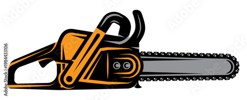 Stylized Chainsaw Illustration with Bold Orange and Black Design for Lumberjack and Woodcutting Themes.