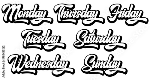 Elegant Hand-Lettered Script Typography Set for All Seven Days of the Week for Calendar and Planner Designs.