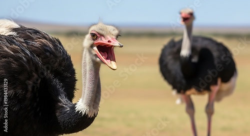 Two ostriches in a field, one with its mouth open.