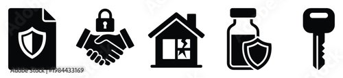 Secure document, reliable business agreement, property damage risk, health protection, and access key icons for insurance, security, and financial applications.