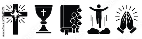 Sacred religious symbols representing Christian faith, spirituality, divine communion, holy scripture, resurrection, and devoted prayer for spiritual guidance, theological study, and