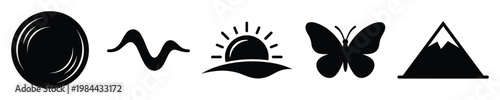 Versatile set of symbolic graphic icons featuring a disc, wave, rising sun, butterfly, and mountain peak for modern web design, app interfaces, and print materials