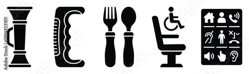 Adaptive equipment and accessibility icons featuring daily living aids, ergonomic grips, specialized cutlery, wheelchair accessible seating, and communication pictograms for inclusive