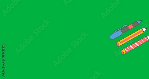 Digital animation of three pen icons against black background