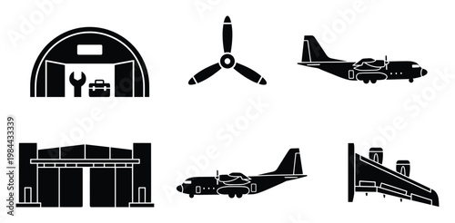 Aviation industry glyphs featuring cargo aircraft, hangar buildings, and propeller components perfect for aerospace engineering presentations or airport service infographics