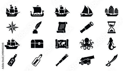 Discover a versatile set of pirate and sea adventure themed icons featuring ships, navigation tools, treasure, and mythical creatures ideal for various design projects