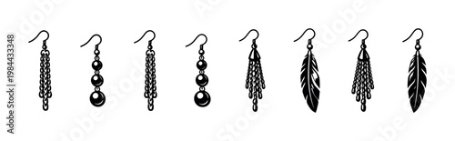 Silhouette vector set of hanging earrings featuring chains round beads and feather designs