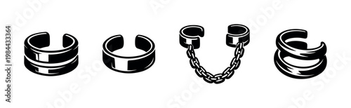 Stylish black and white vector illustration of various ring designs with chains and bands