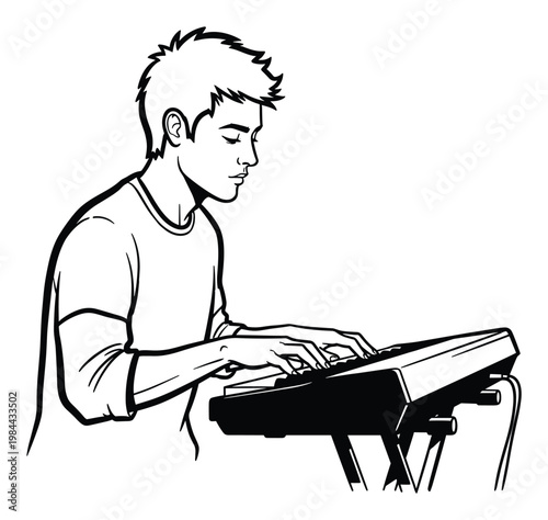 Young Asian man concentrating intently while skillfully playing a modern electronic keyboard synthesizer, ideal for music lesson advertisements or entertainment promotions