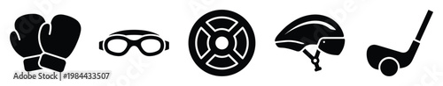 Diverse black silhouette sports equipment icons including boxing gloves, goggles, a weight plate, helmet, and golf club, suitable for athletic, fitness, and healthrelated digital projects