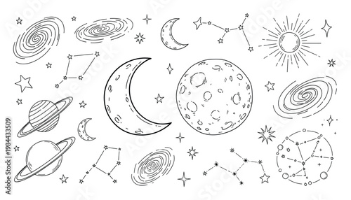 A diverse set of hand drawn outline cosmic objects featuring spiral galaxies ringed planets sun moons and various star constellations ideal for educational materials and space themed
