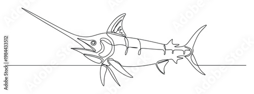 Continuous line drawing of a majestic swordfish with a prominent bill, ideal for oceanthemed logos, marine biology educational materials, or sleek aquatic wildlife branding.
