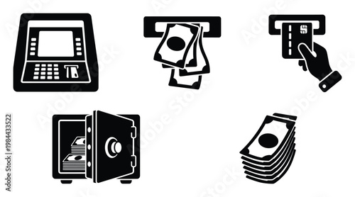 Automated teller machine, money withdrawal, credit card insertion, safe box with cash, and banknote stack icons for banking and finance applications