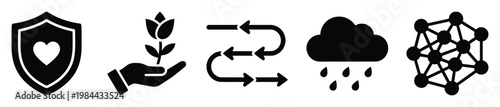 Conceptual black glyph icons symbolizing protection, growth, cycles, rain, and networks, providing clear visual communication for digital projects and informational graphic presentations.