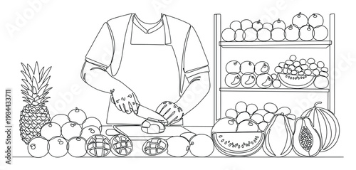 A person in an apron slicing fresh fruit at a vibrant market stand filled with various produce on shelves, ideal for healthy food preparation content