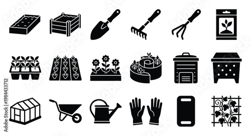 Extensive collection of essential gardening tools and garden bed elements presented as solid black glyphs perfect for agricultural projects, garden planning, and nursery business graphics