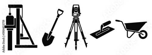 Essential collection of construction and surveying tools and equipment for civil engineering projects land development and architectural planning work