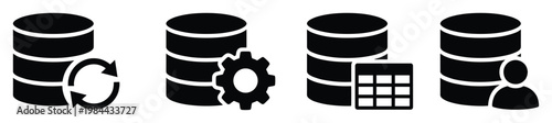 Comprehensive set of database icons representing data synchronization, system settings, structured information, and user access for software applications and technology presentations.