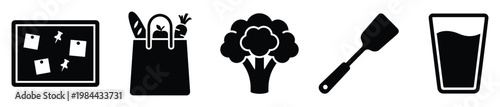 Daily life and kitchen icons showcasing a bulletin board, shopping bag with food, broccoli, cooking tool, and a drink glass, perfect for home, food, and lifestyle media applications.