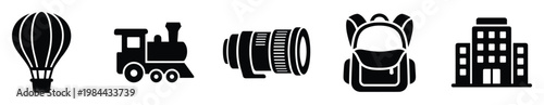 Simple graphic icons representing travel, education, and exploration with a hot air balloon, train, camera lens, backpack, and building perfect for modern app interfaces or website