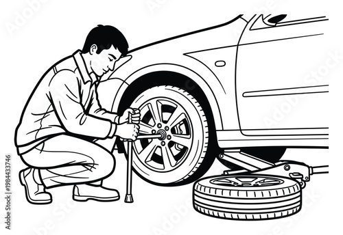 Man changing a flat tire on a car using a lug wrench and jack, demonstrating vehicle maintenance and roadside assistance for automotive service applications.