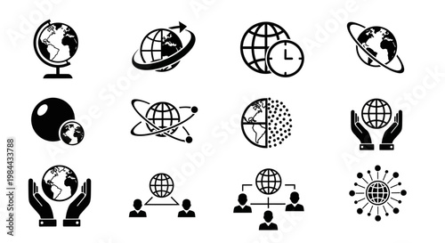 Diverse set of monochrome graphic icons illustrating global connectivity, digital earth interactions, international networks, and worldwide communication concepts for technology and business