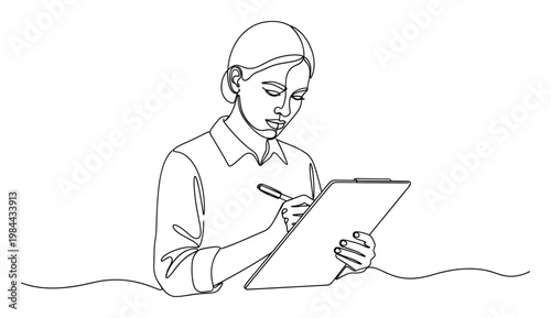Focused woman using a pen to write on a clipboard, suitable for business presentations, educational content, or depicting concentration and work.